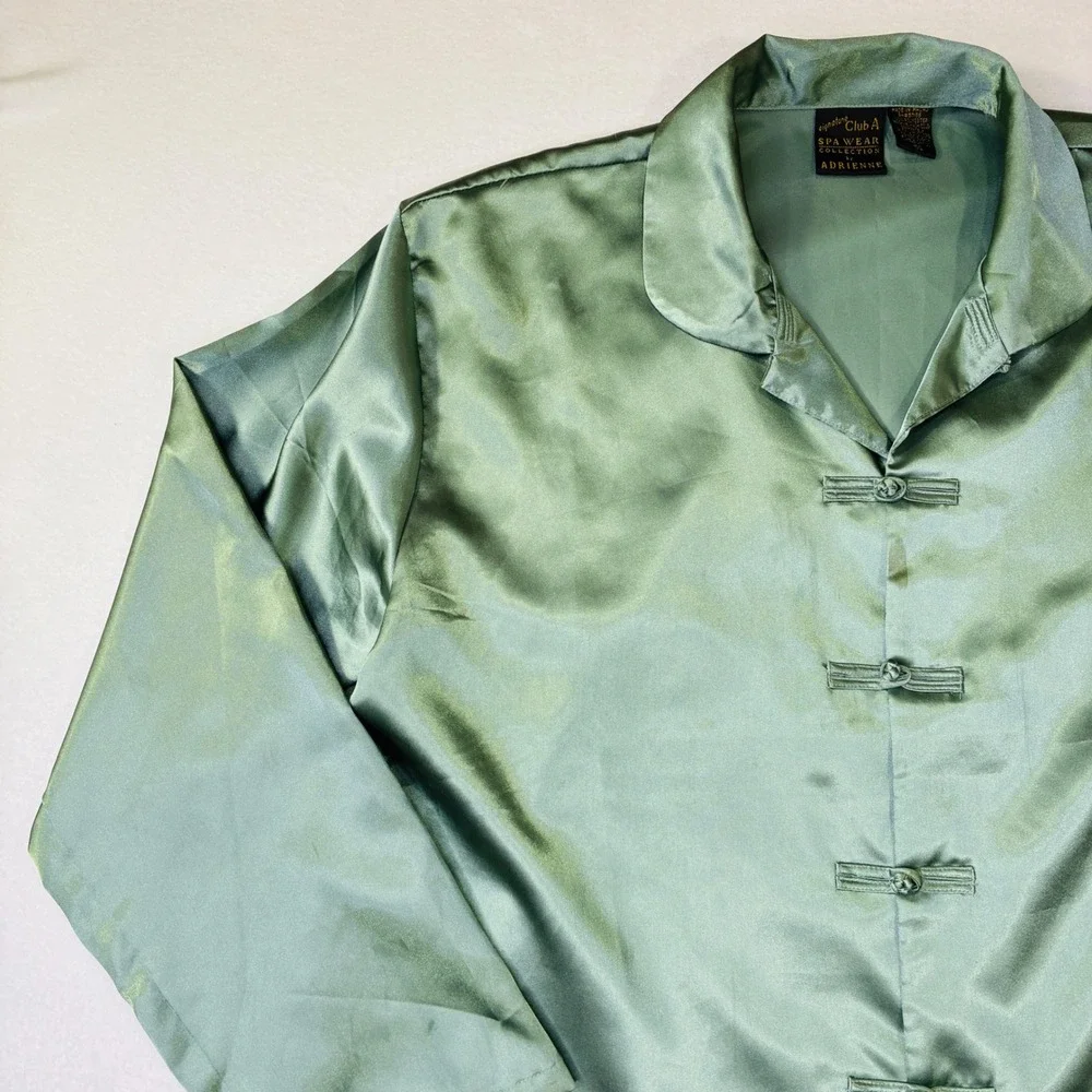Signature Club A Adrienne Satin Pajama Top Sage Green Frog Button M/L Loungewear